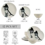 Set farfurii 12 piese, pentru 4 persoane, Wizard Cat, Cesiro, Alb Ivoire cu Pisica