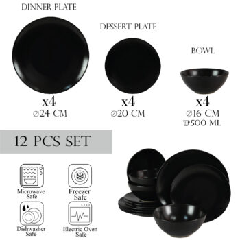 Set farfurii 12 piese, pentru 4 persoane, Abyss, Cesiro, Negru Abis Mat