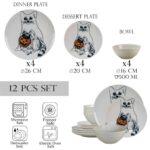 Set farfurii 12 piese, pentru 4 persoane, Pumpkin Cat, Cesiro, Alb Ivoire cu Pisica
