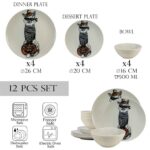 Set farfurii 12 piese, pentru 4 persoane, Robber Cat, Cesiro, Alb Ivoire cu Pisica