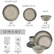 Set farfurii 12 piese, pentru 4 persoane, Stone, Cesiro, Alb Ivoire lucios cu gri