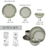 Set farfurii 12 piese, pentru 4 persoane, Silver Fir, Cesiro, Alb Ivoire lucios cu gri