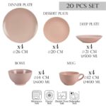 Set farfurii 20 piese, pentru 4 persoane, Pastel Pink, Cesiro, Roz Lucios si Roz Mat