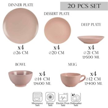 Set farfurii 20 piese, pentru 4 persoane, Pastel Pink, Cesiro, Roz Lucios si Roz Mat