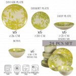 Set farfurii 24 piese, pentru 6 persoane, Hawaii, Cesiro, Alb Ivoire cu frunze verde-galbui
