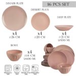 Set farfurii 16 piese, pentru 4 persoane, Pink, Cesiro, Roz Lucios si Roz Mat