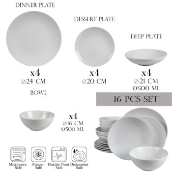 Set farfurii 16 piese, pentru 4 persoane, Snow, Cesiro, Alb Mat