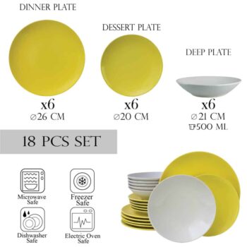 Set farfurii 18 piese, pentru 6 persoane, Summer, Cesiro, Alb Arctic/Galben