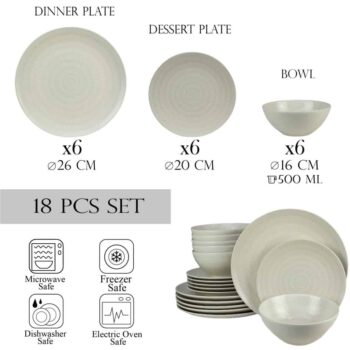 Set farfurii 18 piese, pentru 6 persoane, Ivory, Cesiro,  Alb Ivoire lucios cu linii