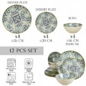 Set farfurii 12 piese, pentru 4 persoane, Marocco, Cesiro, Alb Ivoire cu albastru