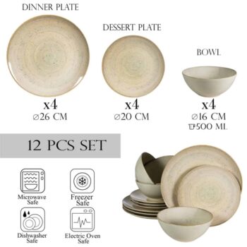 Set farfurii 12 piese, pentru 4 persoane, Shell, Cesiro, Crem deschis lucios
