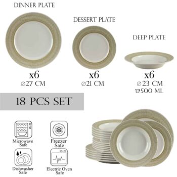 Set farfurii 18 piese, pentru 6 persoane, Ivory, Cesiro, Alb Ivoire cu crem