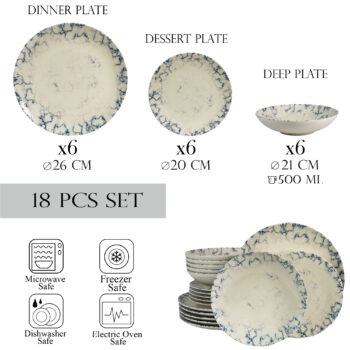 Set farfurii 18 piese, pentru 6 persoane, Marble, Cesiro, Alb Ivoire cu albastru