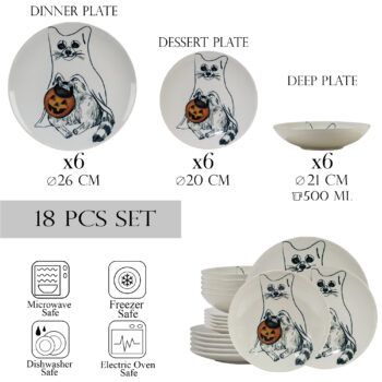 Set farfurii 18 piese, pentru 6 persoane, Pumpkin Cat, Cesiro, Ivoire cu Pisica