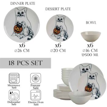 Set farfurii 18 piese, pentru 6 persoane, Pumpkin Cat, Cesiro, Alb Ivoire cu Pisica