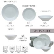 Set farfurii 24 piese, pentru 6 persoane, Snow, Cesiro, Portelan, Alb