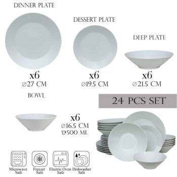 Set farfurii 24 piese, pentru 6 persoane, Snow, Cesiro, Portelan, Alb