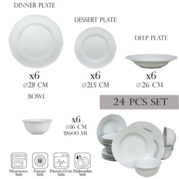 Set farfurii 24 piese, pentru 6 persoane, Iceberg, Cesiro, Portelan Alb