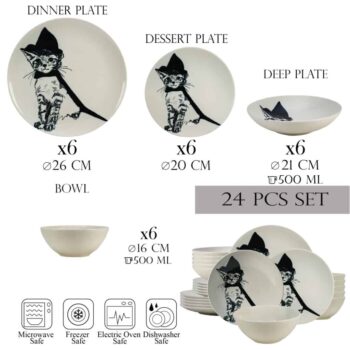 Set farfurii 24 piese, pentru 6 persoane, Wizard Cat, Cesiro, Ivoire cu Pisica