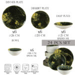 Set farfurii 24 piese, pentru 6 persoane, Forest, Cesiro, Alb Ivoire cu verde