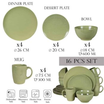 Set farfurii 16 piese, pentru 4 persoane, Sage, Cesiro, Verde Salvie Mat cu puncte negre