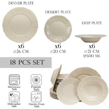 Set farfurii 18 piese, pentru 6 persoane, Ice, Cesiro, Crem Deschis
