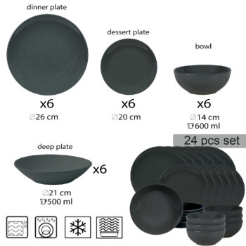 Set farfurii 24 piese, pentru 6 persoane, Iron, Cesiro, Gri Inchis