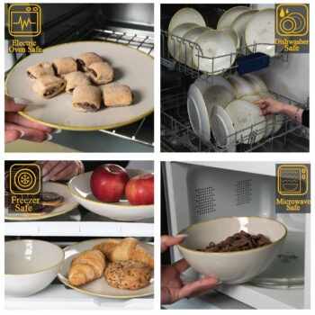 Set farfurii 16 piese, pentru 4 persoane, Ivory Stone, Cesiro, Alb Ivoire cu margine aurie