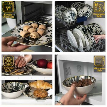 Set farfurii 24 piese, pentru 6 persoane, Hawaii, Cesiro, Alb Ivoire cu frunze negre