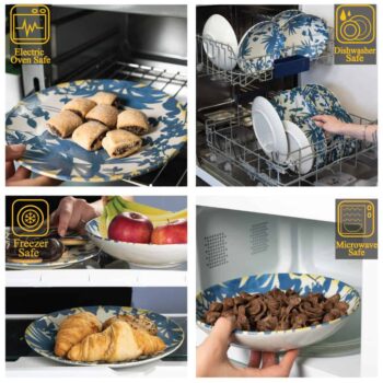 Set farfurii 12 piese, pentru 4 persoane, Hawaii, Cesiro, Alb Ivoire cu frunze albastru inchis