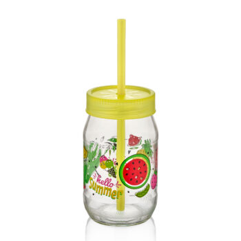 Cana din sticla, cu capac si pai din plastic, 370 ml, Qulux C00162