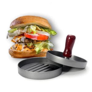Presa pentru burger, din aluminiu cu invelis antiaderent, maner din lemn, Ø 12 cm, 50 buc foaie hartie, Grunberg PHB12