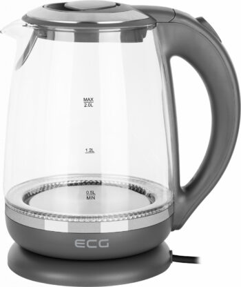 Cana electrica fierbator din sticla ECG RK 2020 gri, 2 L, 2200 W, lumina albastra de fundal