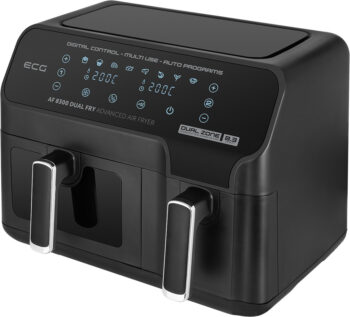 Friteuza dubla cu aer cald ECG AF 8300 Dual Fry, 5.2 + 3.1 litri, 2700 W, 8 programe, control temperatura 80-200°C Friteuza dubla cu aer cald ECG AF 8300 Dual Fry, 5.2 + 3.1 litri, 2700 W, 8 programe, control temperatura 80-200°C