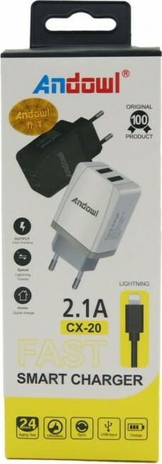 Andowl Încărcător cu 2 Porturi USB-A și Cablu micro USB Negruς (CX-20)Codul: 29184066 Andowl Încărcător cu 2 Porturi USB-A și Cablu micro USB Negruς (CX-20)Codul: 29184066