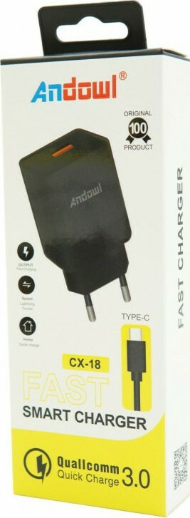 Andowl Încărcător cu Port USB-A și Cablu USB-C Încărcare rapidă 3.0 Negruς (CX-18)Codul: 29184269 Andowl Încărcător cu Port USB-A și Cablu USB-C Încărcare rapidă 3.0 Negruς (CX-18)Codul: 29184269